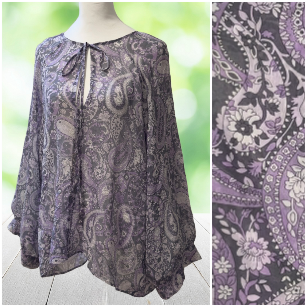 NILI LOTAN Silk Blouse Purple Paisley Sheer Balloon Sleeve Top Womens M Made USA